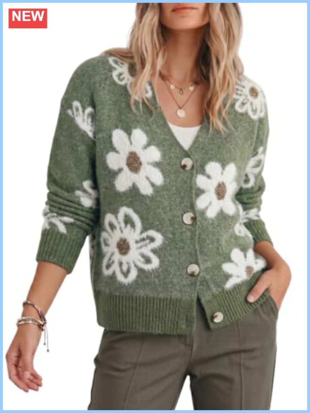Women's Fuzzy Open Front Knit Cardigan Floral Button Detail Sweater